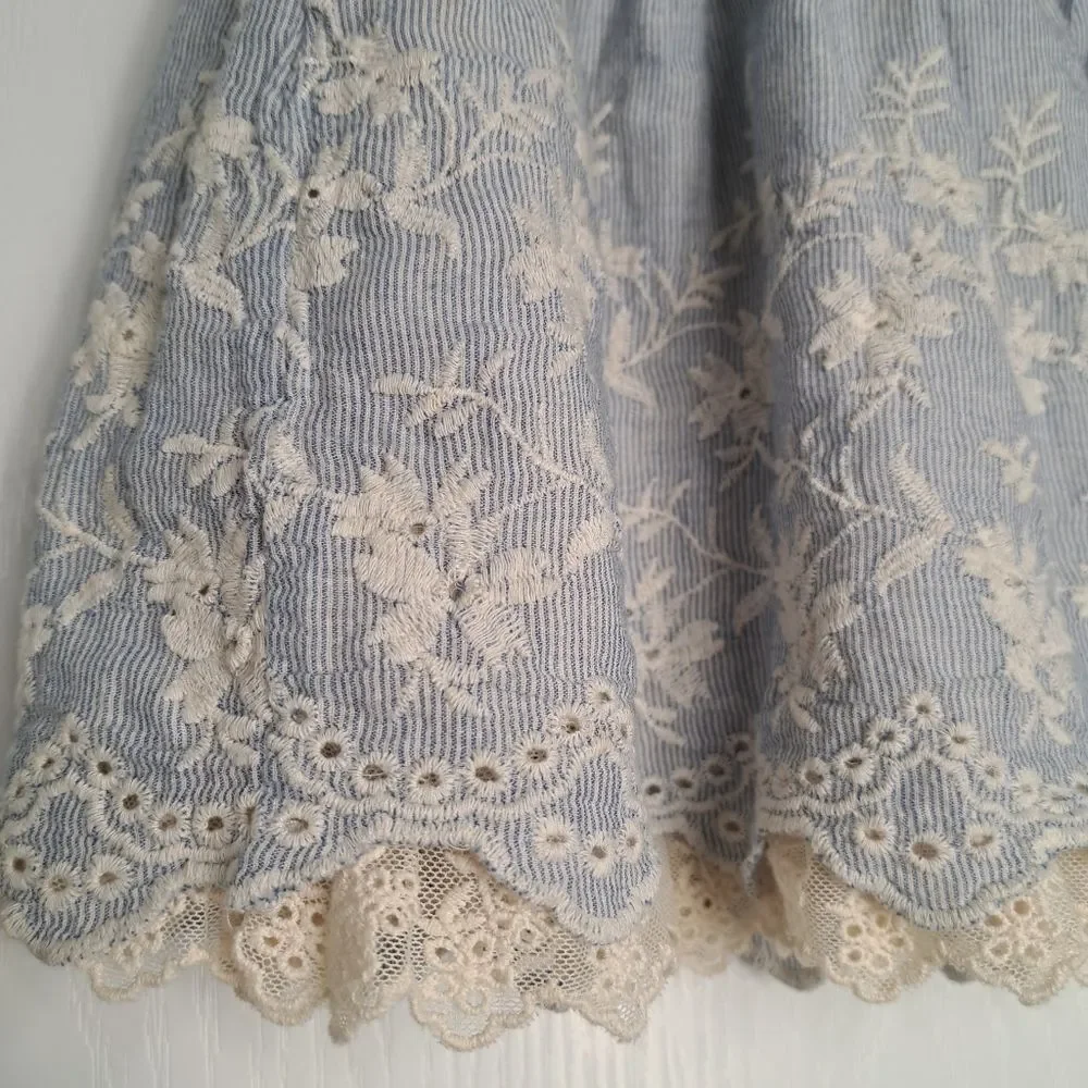 Blue and White Seersucker skirt with eyelet floral Embroidery